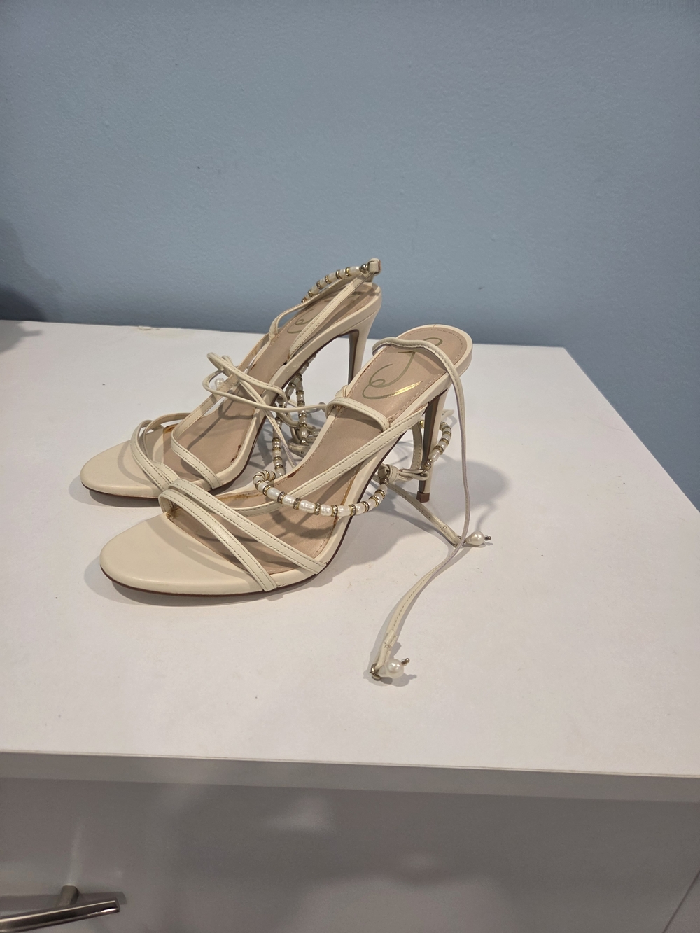 Sam Edelman Ivory  Strappy Pearl-Embellished Stiletto Sandals